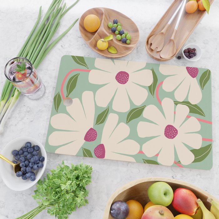 Wild Daisies - pastel green & pink Cutting Board Gallery Image 2