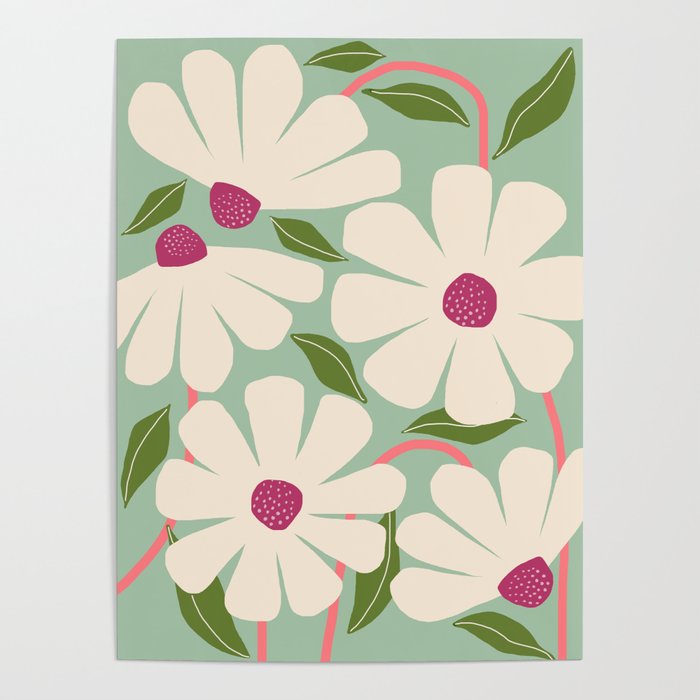 Wild Daisies - pastel green & pink Poster Gallery Image 4