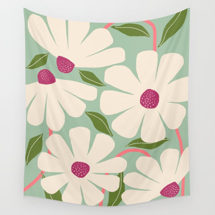Wild Daisies - pastel green & pink Wall Tapestry Gallery Image 4