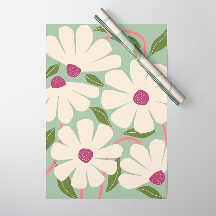 Wild Daisies - pastel green & pink Wrapping Paper Gallery Image 1