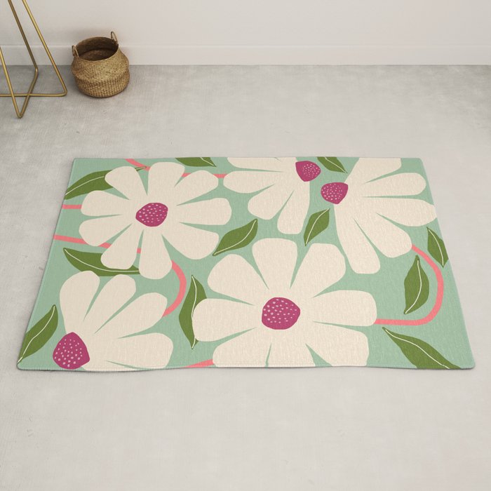 Wild Daisies - pastel green & pink Rug Gallery Image 2