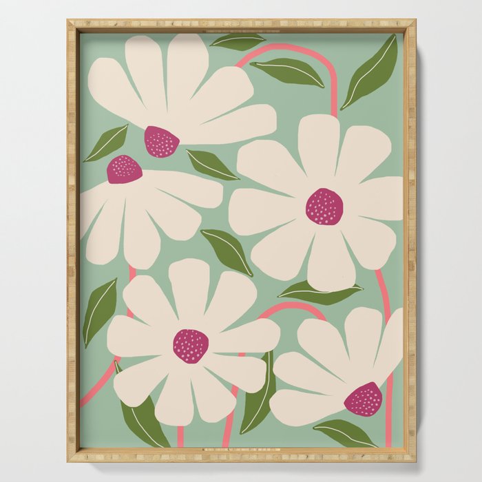 Wild Daisies - pastel green & pink Serving Tray Gallery Image 1