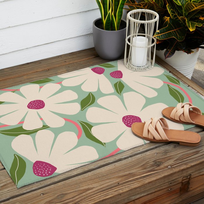 Wild Daisies - pastel green & pink Outdoor Rug Gallery Image 2