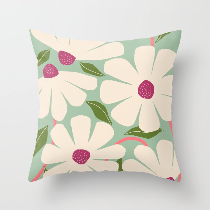 Wild Daisies - pastel green & pink Throw Pillow Gallery Image 1