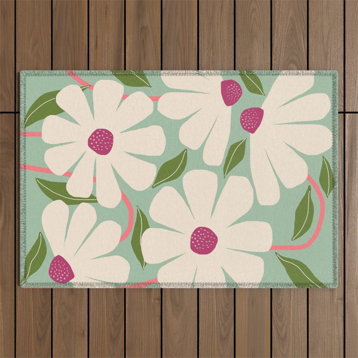 Wild Daisies - pastel green & pink Outdoor Rug Gallery Image 1