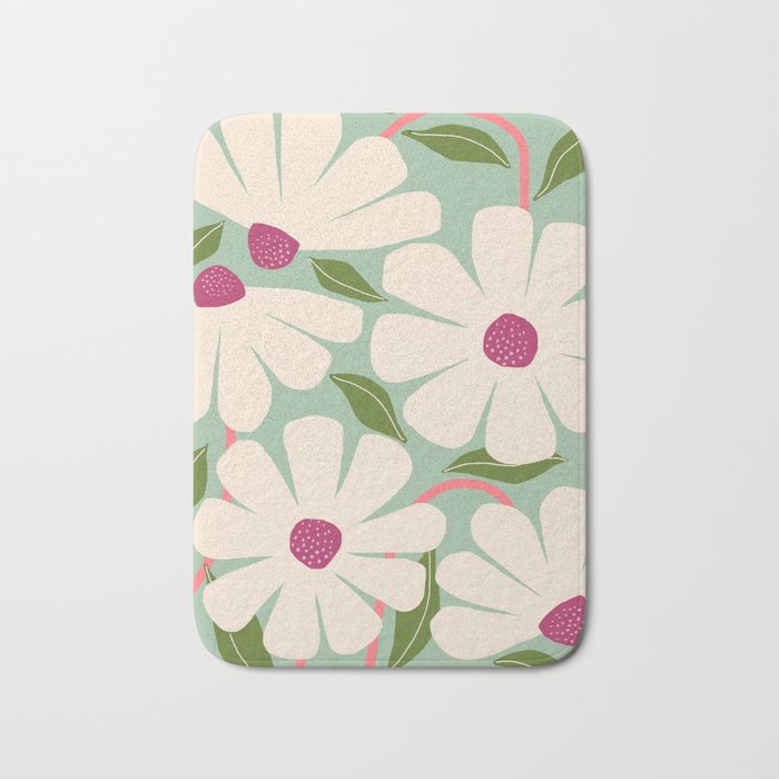 Wild Daisies - pastel green & pink Bath Mat Gallery Image 1