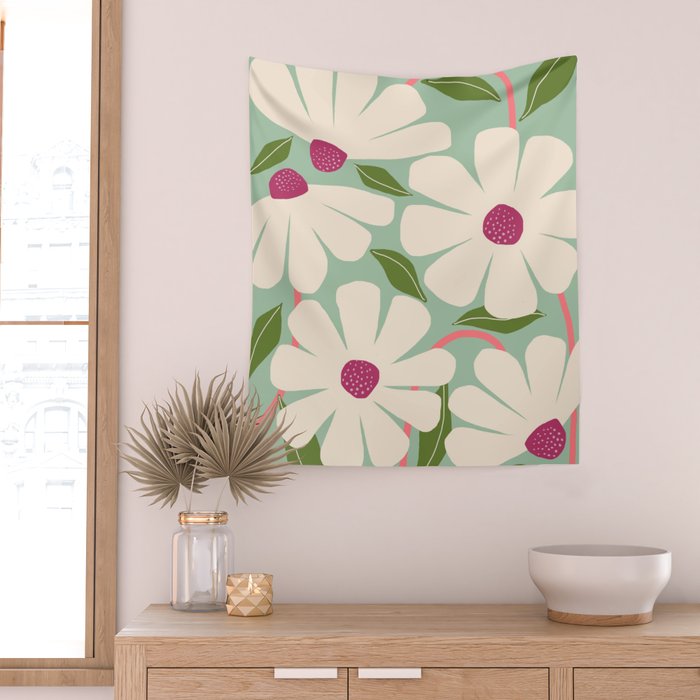 Wild Daisies - pastel green & pink Wall Tapestry Gallery Image 2