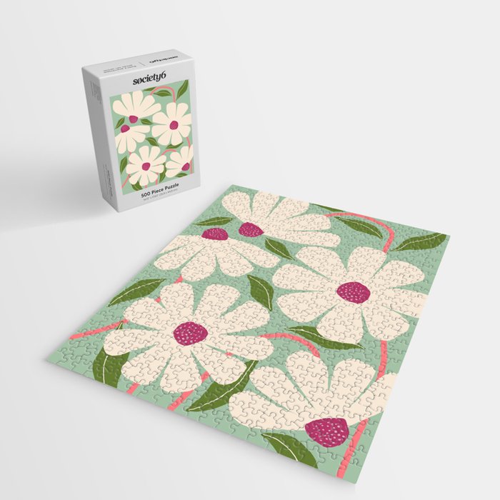 Wild Daisies - pastel green & pink Jigsaw Puzzle Gallery Image 2