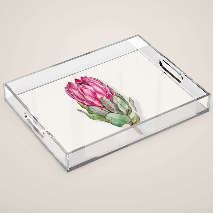 Protea flower painted in watercolor Acrylic Tray Gallery Image 1