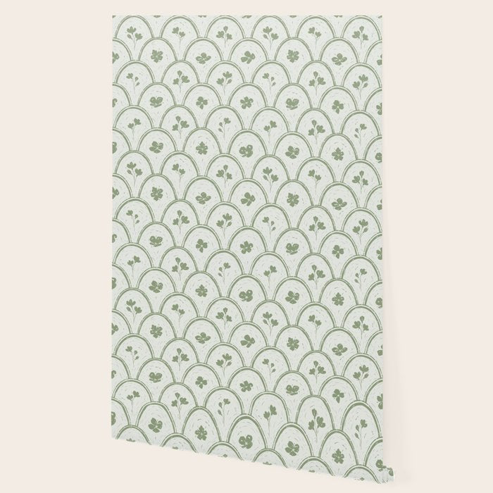 Rustic scallop floral block print - sage green pattern Wallpaper Gallery Image 2