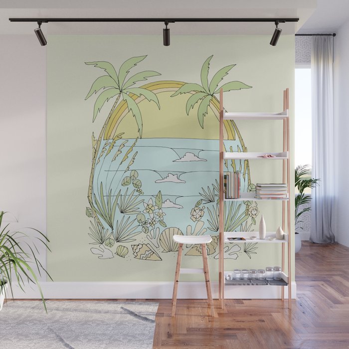 tropical vibes fl sunshine seashells waves // retro surf art by surfy birdy Wall Mural Gallery Image 1