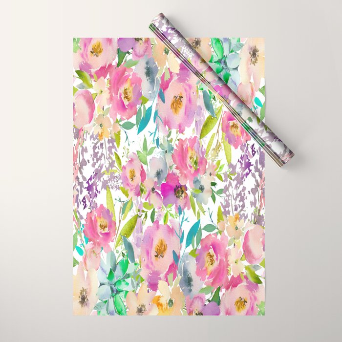 Hand painted pink lavender lilac teal watercolor elegant floral Wrapping Paper Gallery Image 1