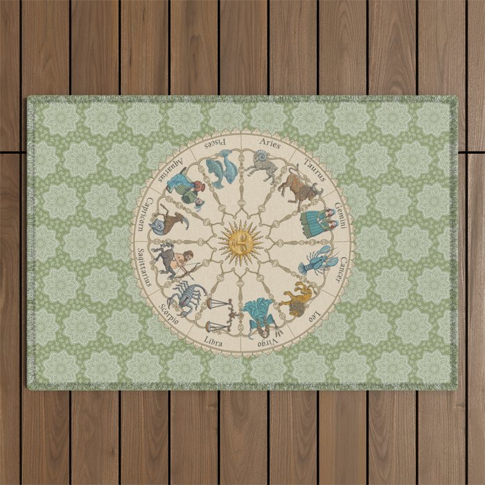 Vintage Astrology Zodiac Wheel Green Outdoor Rug Gallery Image 1