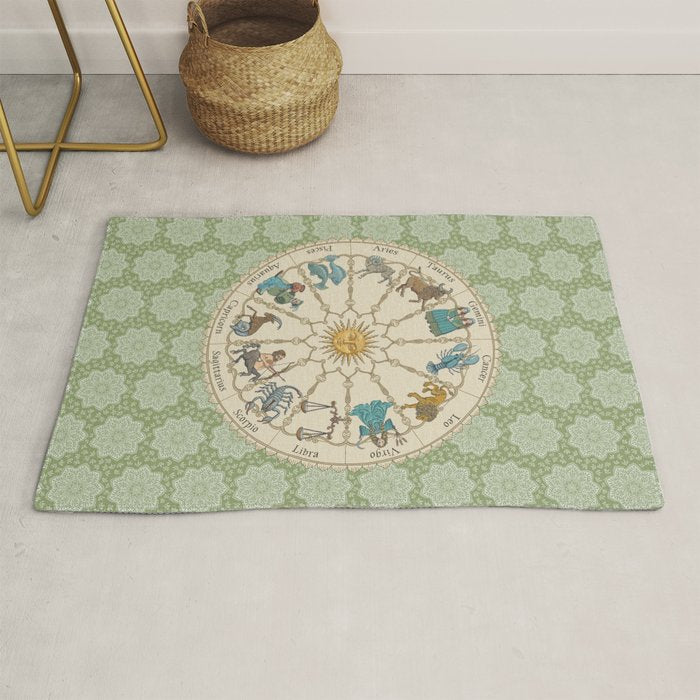 Vintage Astrology Zodiac Wheel Green Rug Gallery Image 1