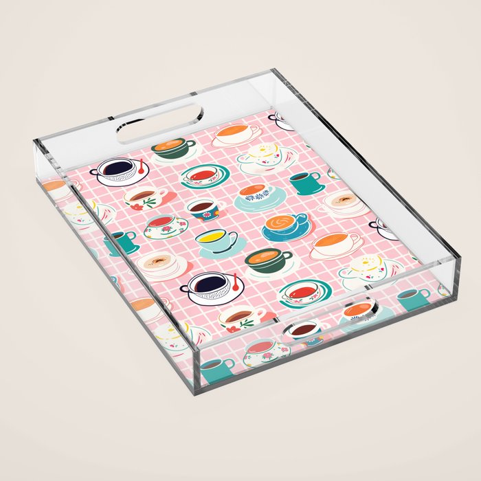 Retro hand drawn coffee tea cup pattern Acrylic Tray Gallery Image 1