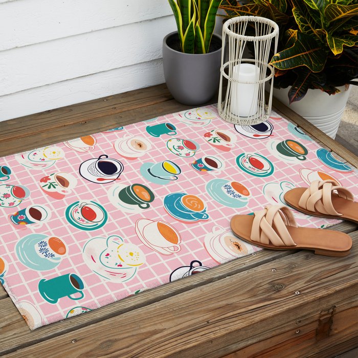 Retro hand drawn coffee tea cup pattern Outdoor Rug Gallery Image 2