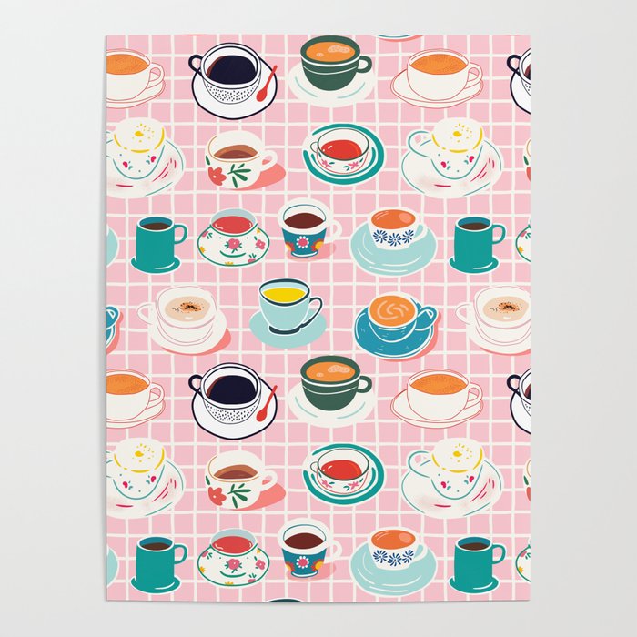 Retro hand drawn coffee tea cup pattern Poster Gallery Image 1