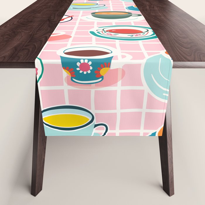 Retro hand drawn coffee tea cup pattern Table Runner Gallery Image 1