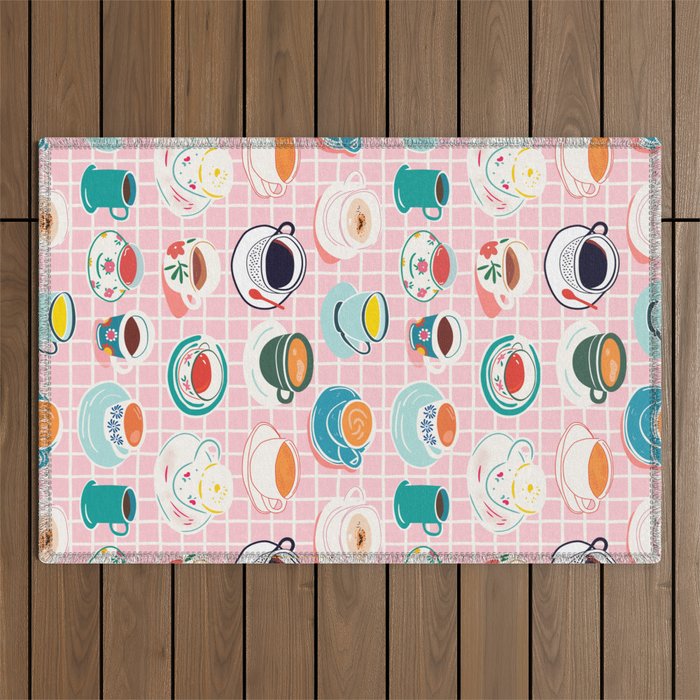 Retro hand drawn coffee tea cup pattern Outdoor Rug Gallery Image 1