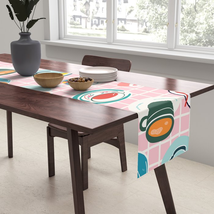 Retro hand drawn coffee tea cup pattern Table Runner Gallery Image 2