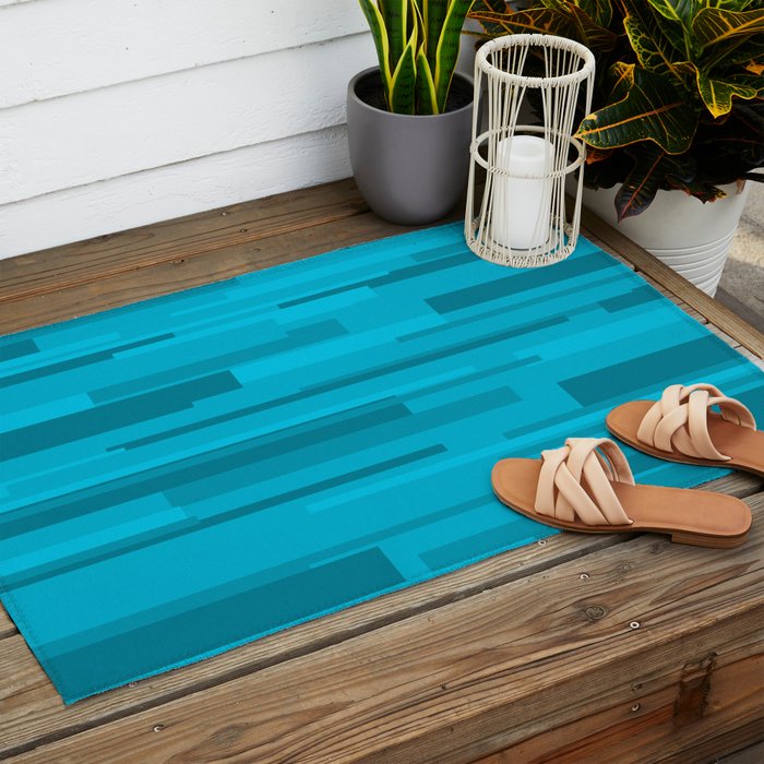 Wright Mid Century Modern Geometric Abstract Pattern in Turquoise Blue Outdoor Rug Gallery Image 2