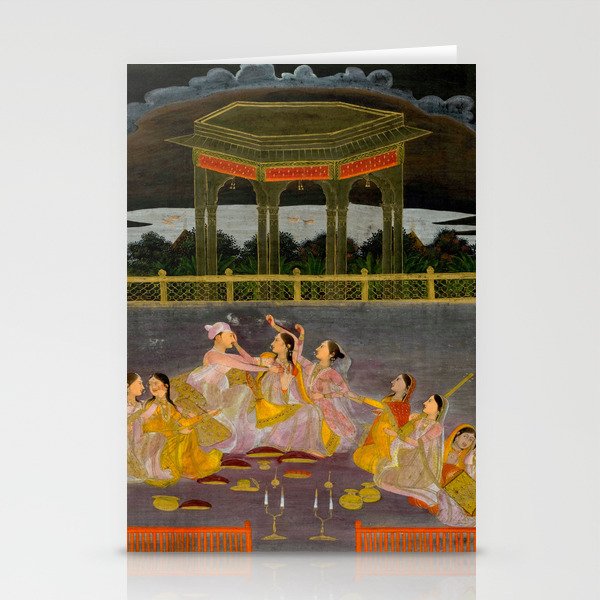 A prince celebrating Holi with palace women on a terrace at night Indian Miniature Painting Indian Miniature Painting  Stationery Card Gallery Image 2