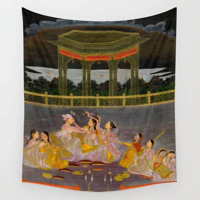 A prince celebrating Holi with palace women on a terrace at night Indian Miniature Painting Indian Miniature Painting  Wall Tapestry Gallery Image 4