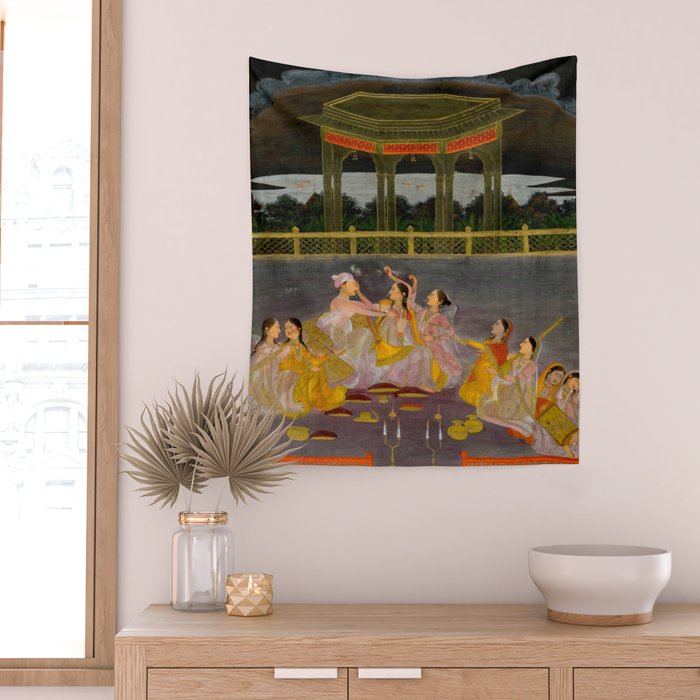 A prince celebrating Holi with palace women on a terrace at night Indian Miniature Painting Indian Miniature Painting  Wall Tapestry Gallery Image 2