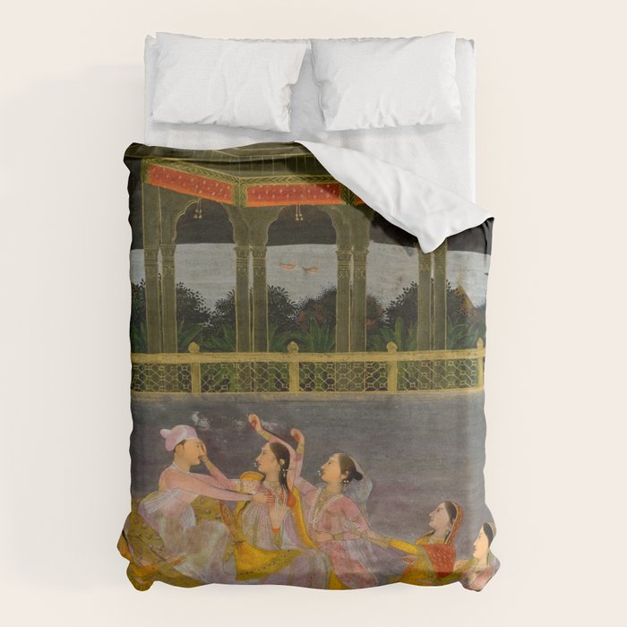 A prince celebrating Holi with palace women on a terrace at night Indian Miniature Painting Indian Miniature Painting  Duvet Cover Gallery Image 6