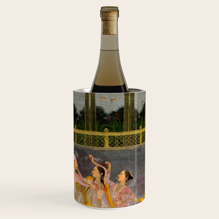 A prince celebrating Holi with palace women on a terrace at night Indian Miniature Painting Indian Miniature Painting  Wine Chiller Gallery Image 1