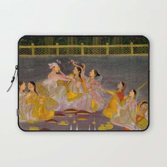 A prince celebrating Holi with palace women on a terrace at night Indian Miniature Painting Indian Miniature Painting  Laptop Sleeve Gallery Image 1