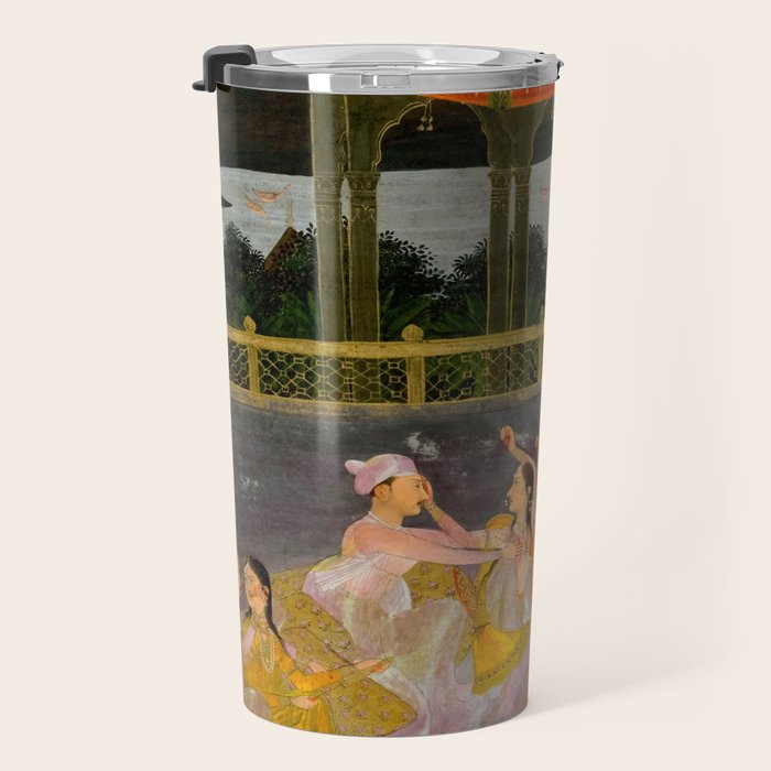 A prince celebrating Holi with palace women on a terrace at night Indian Miniature Painting Indian Miniature Painting  Travel Mug Gallery Image 3