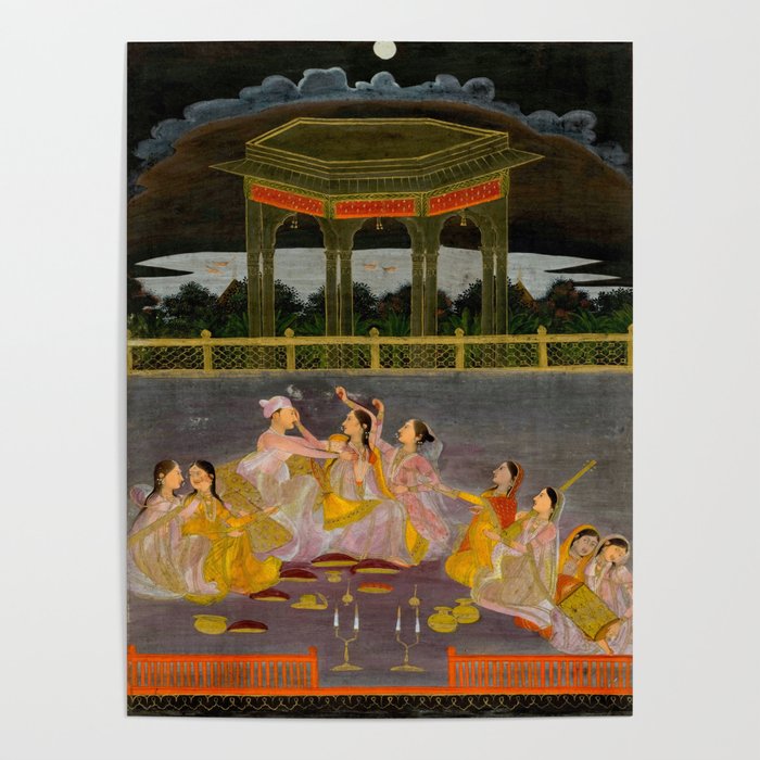 A prince celebrating Holi with palace women on a terrace at night Indian Miniature Painting Indian Miniature Painting  Poster Gallery Image 1