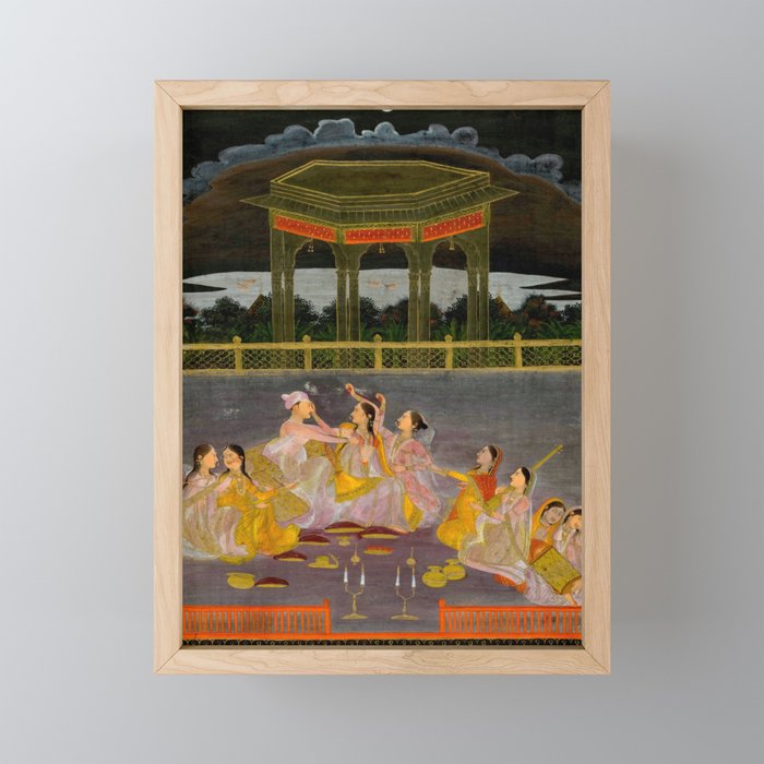 A prince celebrating Holi with palace women on a terrace at night Indian Miniature Painting Indian Miniature Painting  Mini Art Print Gallery Image 1