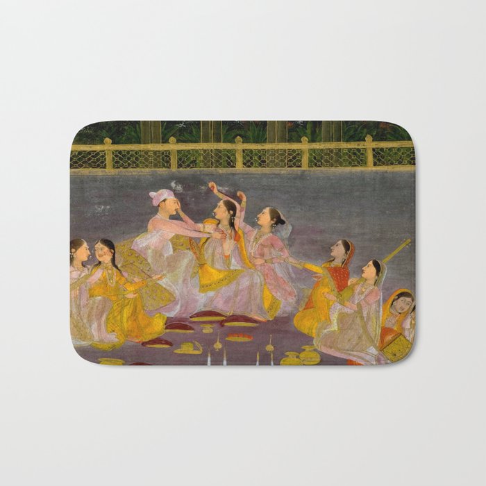 A prince celebrating Holi with palace women on a terrace at night Indian Miniature Painting Indian Miniature Painting  Bath Mat Gallery Image 1