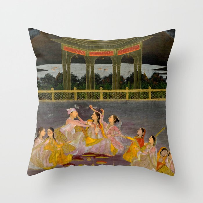 A prince celebrating Holi with palace women on a terrace at night Indian Miniature Painting Indian Miniature Painting  Throw Pillow Gallery Image 6