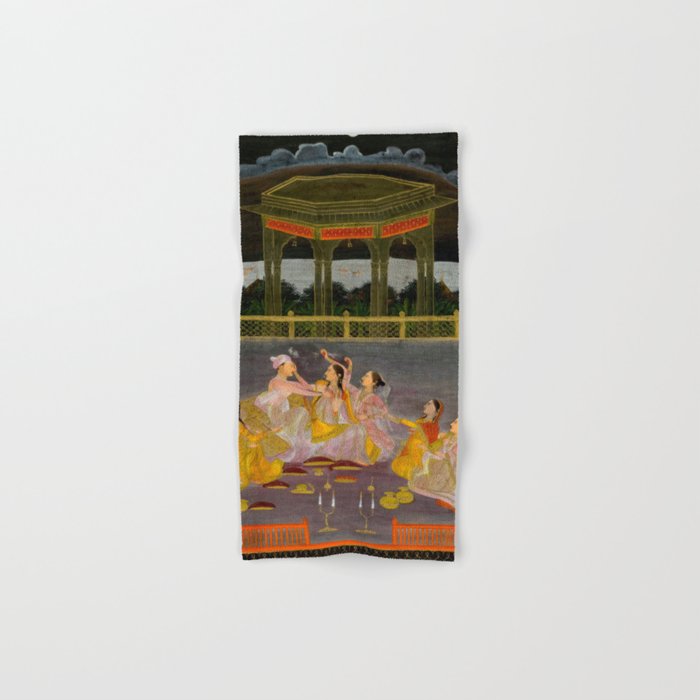 A prince celebrating Holi with palace women on a terrace at night Indian Miniature Painting Indian Miniature Painting  Bath Towel Gallery Image 1