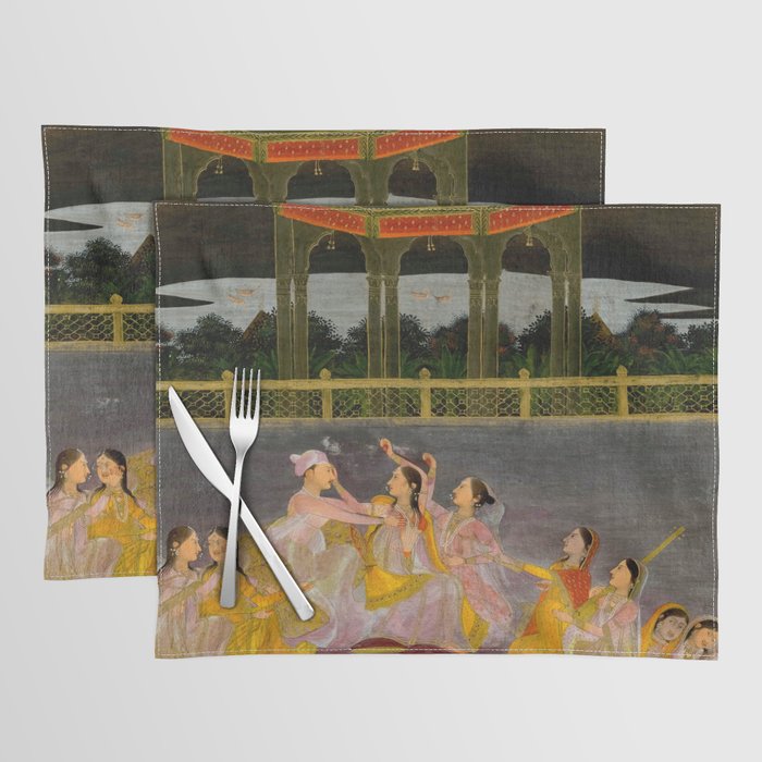 A prince celebrating Holi with palace women on a terrace at night Indian Miniature Painting Indian Miniature Painting  Placemat Gallery Image 1