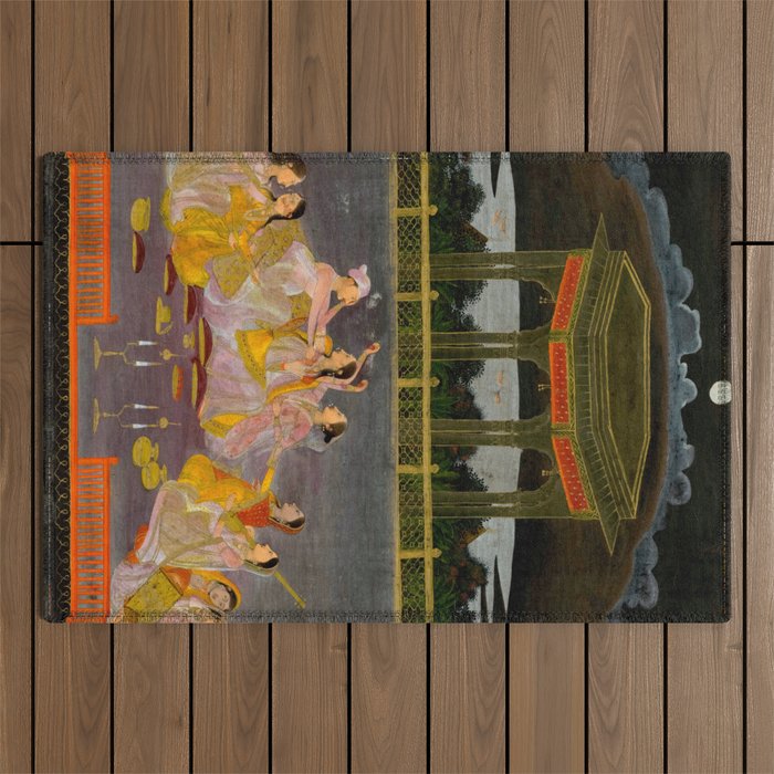 A prince celebrating Holi with palace women on a terrace at night Indian Miniature Painting Indian Miniature Painting  Outdoor Rug Gallery Image 1