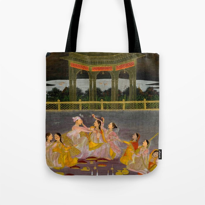 A prince celebrating Holi with palace women on a terrace at night Indian Miniature Painting Indian Miniature Painting  Tote Bag Gallery Image 1