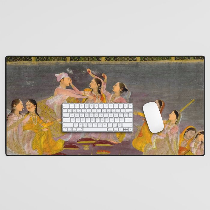 A prince celebrating Holi with palace women on a terrace at night Indian Miniature Painting Indian Miniature Painting  Desk Mat Gallery Image 1