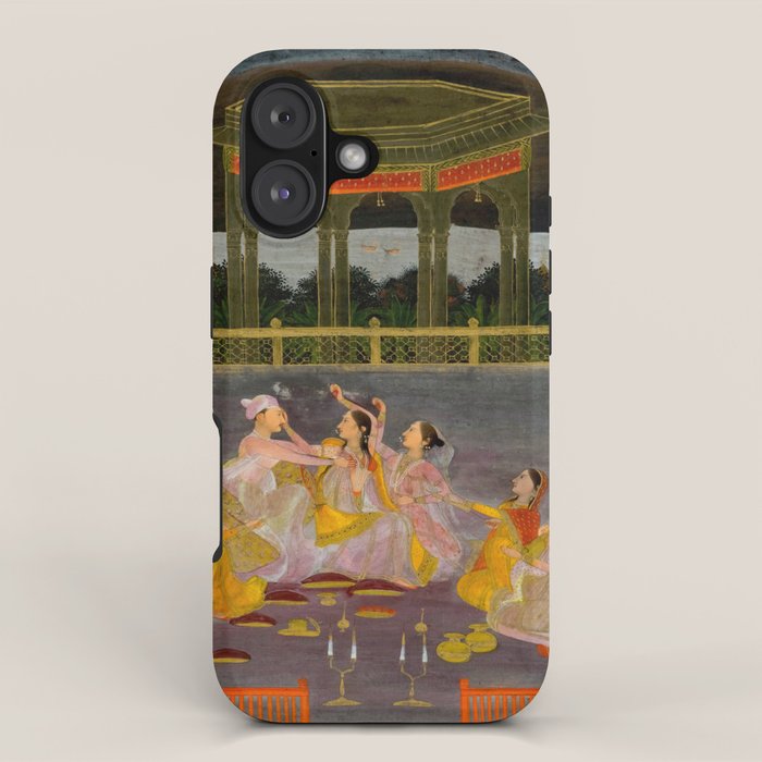 A prince celebrating Holi with palace women on a terrace at night Indian Miniature Painting Indian Miniature Painting  iPhone Case Gallery Image 1