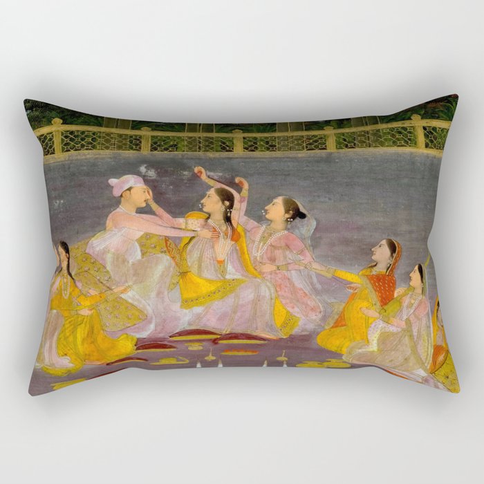 A prince celebrating Holi with palace women on a terrace at night Indian Miniature Painting Indian Miniature Painting  Rectangular Pillow Gallery Image 2