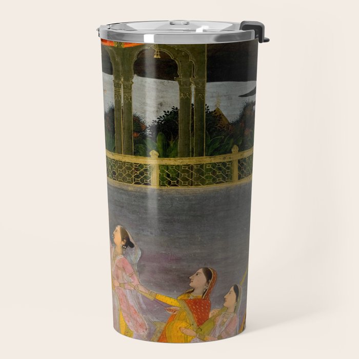 A prince celebrating Holi with palace women on a terrace at night Indian Miniature Painting Indian Miniature Painting  Travel Mug Gallery Image 2