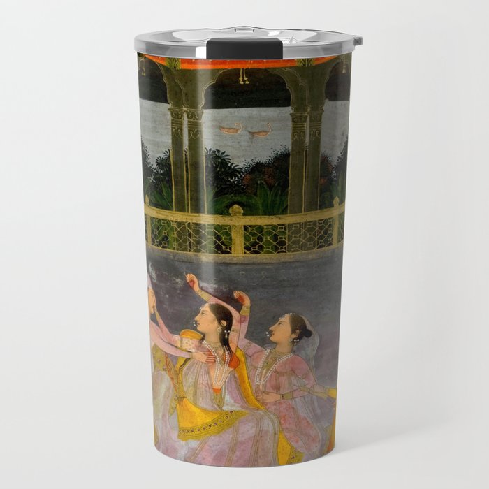 A prince celebrating Holi with palace women on a terrace at night Indian Miniature Painting Indian Miniature Painting  Travel Mug Gallery Image 1