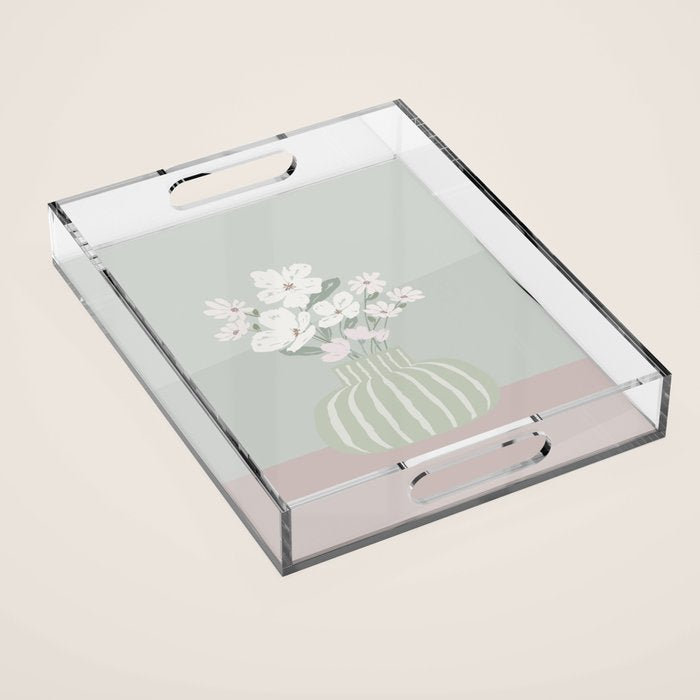 Wildflower bouquet in vase illustration - muted green, dusty pink and beige flowers Acrylic Tray Gallery Image 1