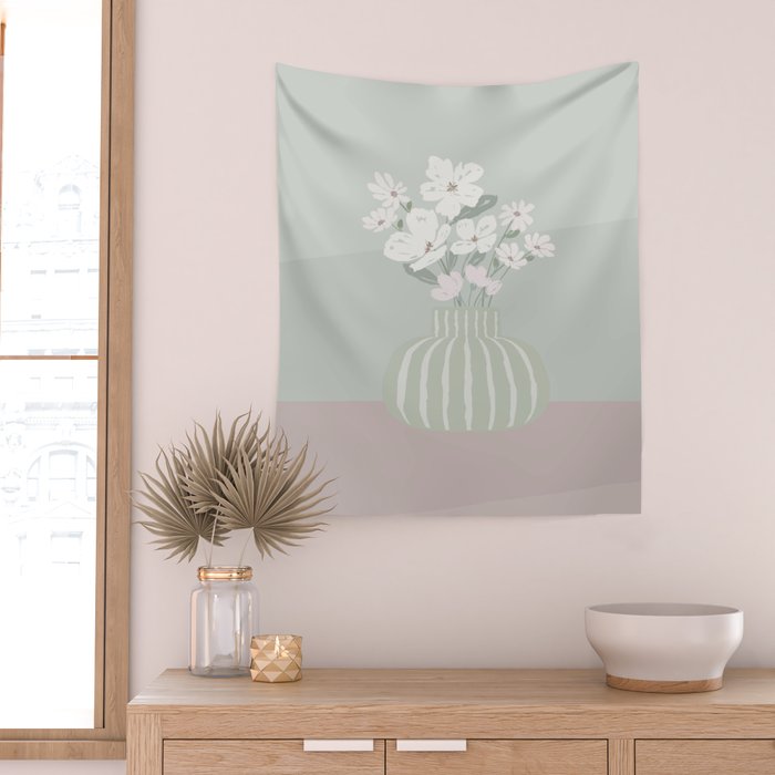 Wildflower bouquet in vase illustration - muted green, dusty pink and beige flowers Wall Tapestry Gallery Image 2