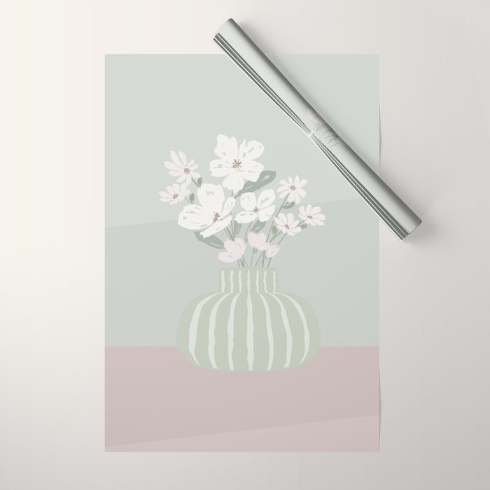 Wildflower bouquet in vase illustration - muted green, dusty pink and beige flowers Wrapping Paper Gallery Image 1