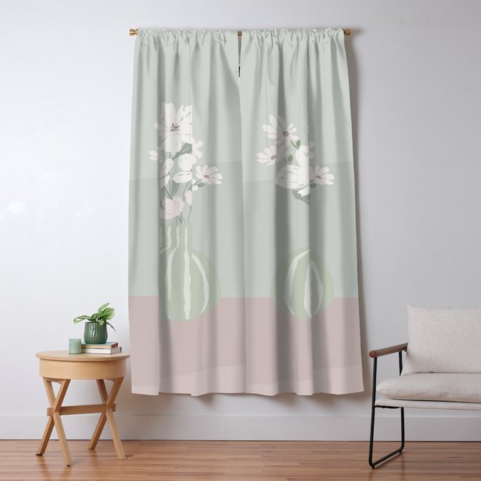 Wildflower bouquet in vase illustration - muted green, dusty pink and beige flowers Window Curtain Gallery Image 5