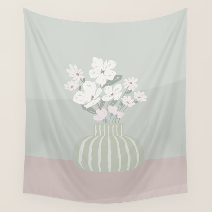 Wildflower bouquet in vase illustration - muted green, dusty pink and beige flowers Wall Tapestry Gallery Image 4